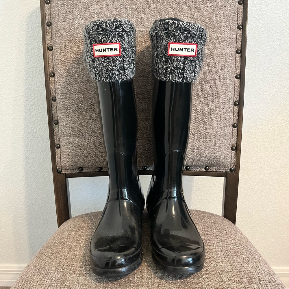 Hunter Black Gloss Tall Rain Boots with Removable Knit and Fleece Inserts